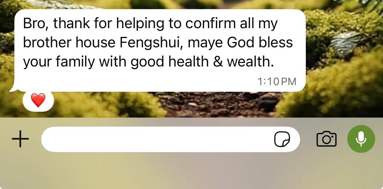 WhatsApp message thanking Xianting for a Feng Shui review of a family member’s house