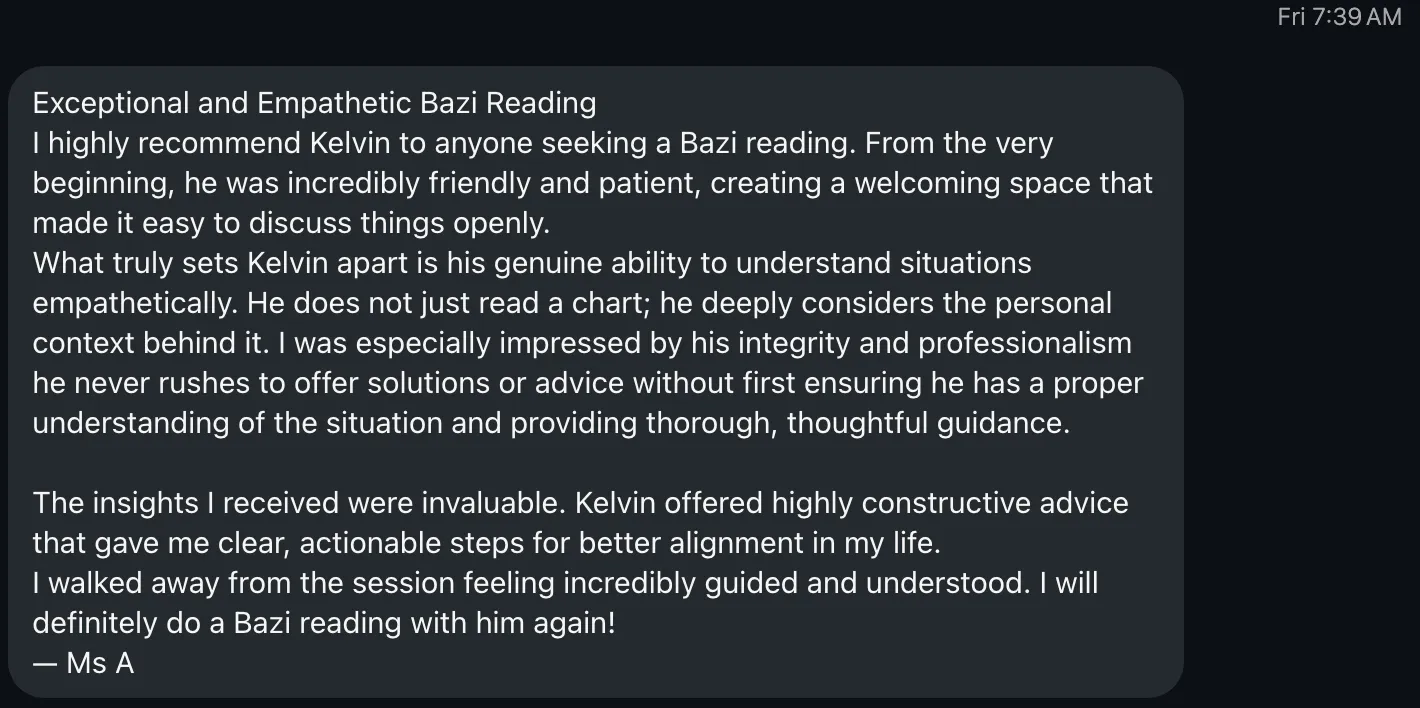 Written testimonial about a BaZi reading, headed “Exceptional and Empathetic Bazi Reading”