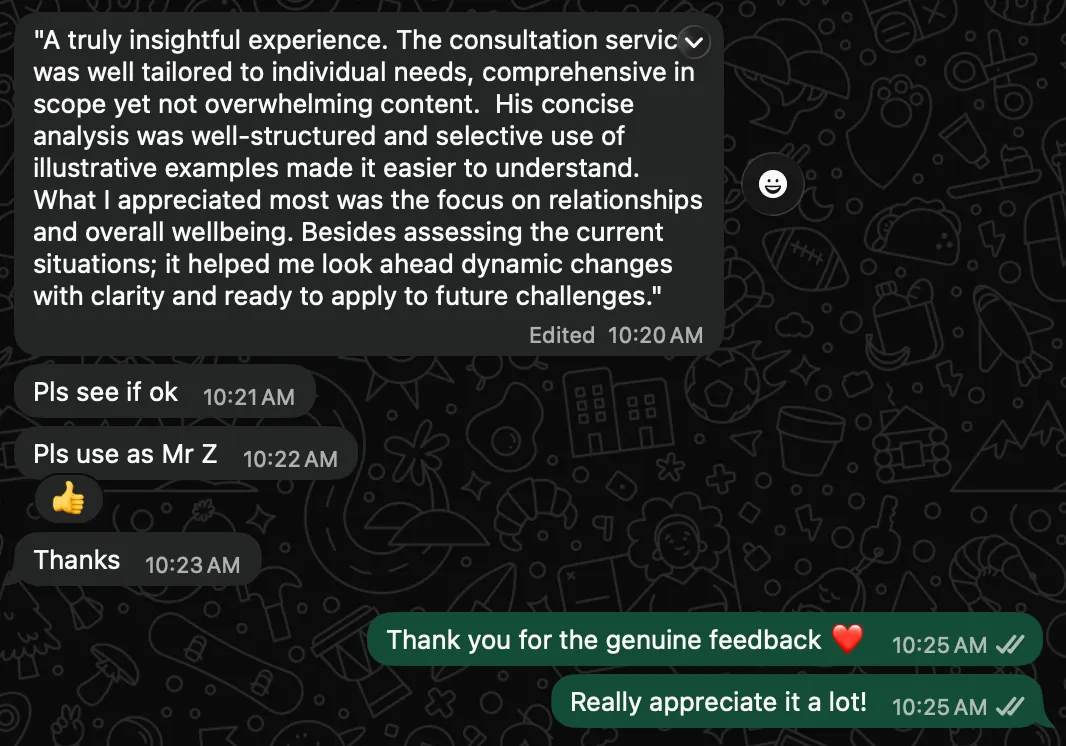 Written testimonial describing a tailored, well-structured consultation